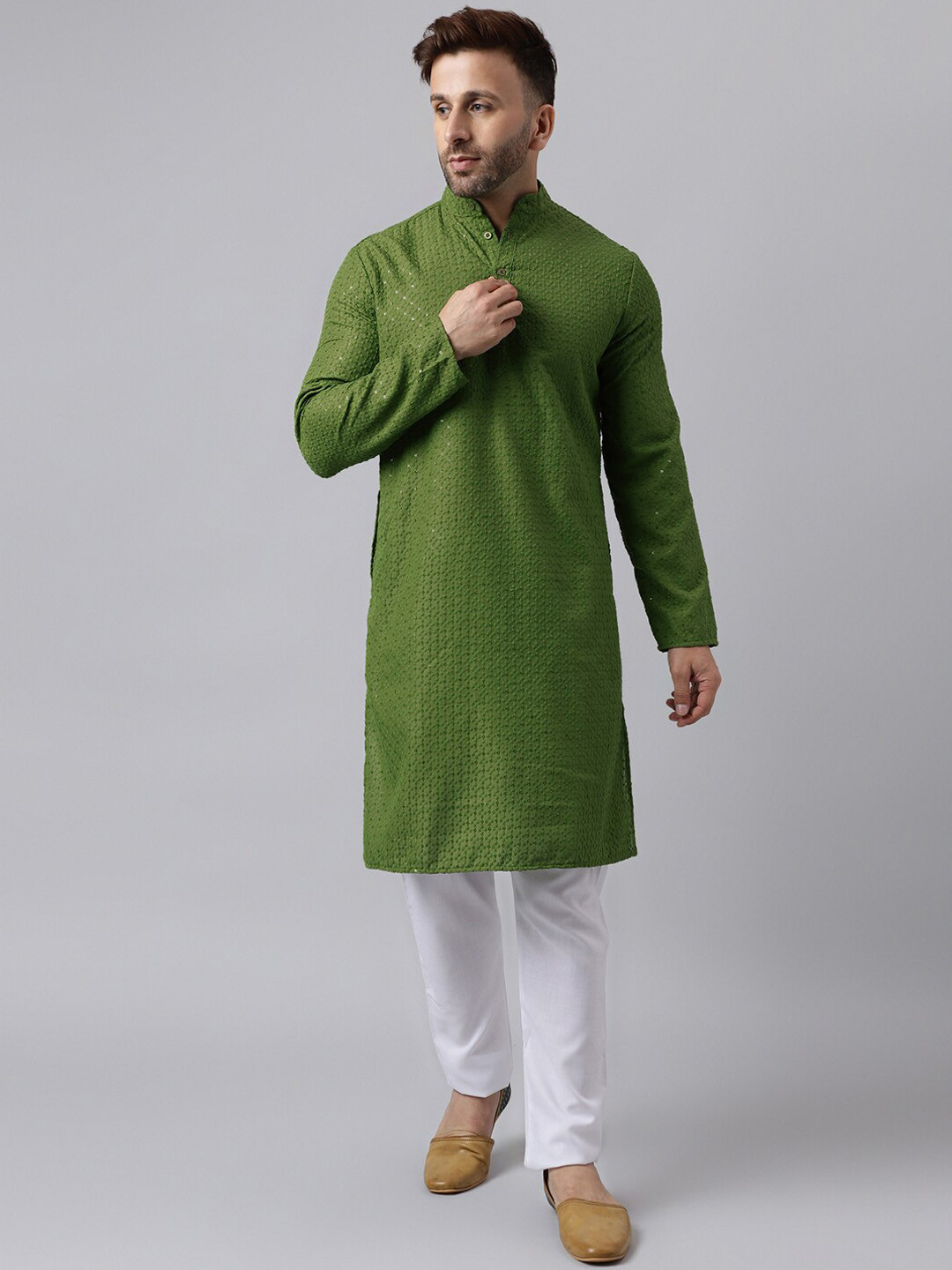 

Hangup Geometric Embroidered Sequinned Kurta with Pyjamas, Green