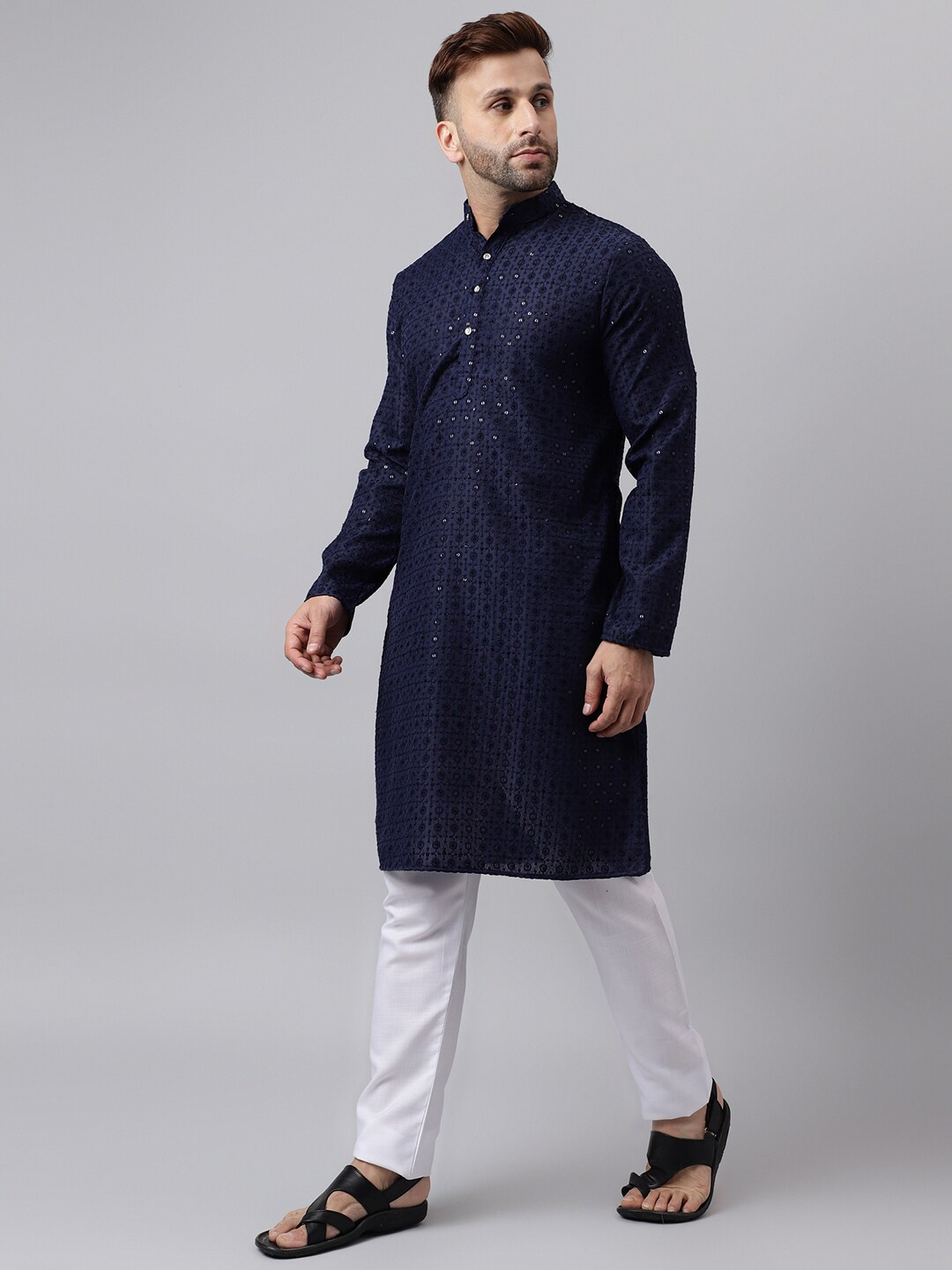 

Hangup Geometric Embroidered Sequinned Kurta with Pyjamas, Navy blue