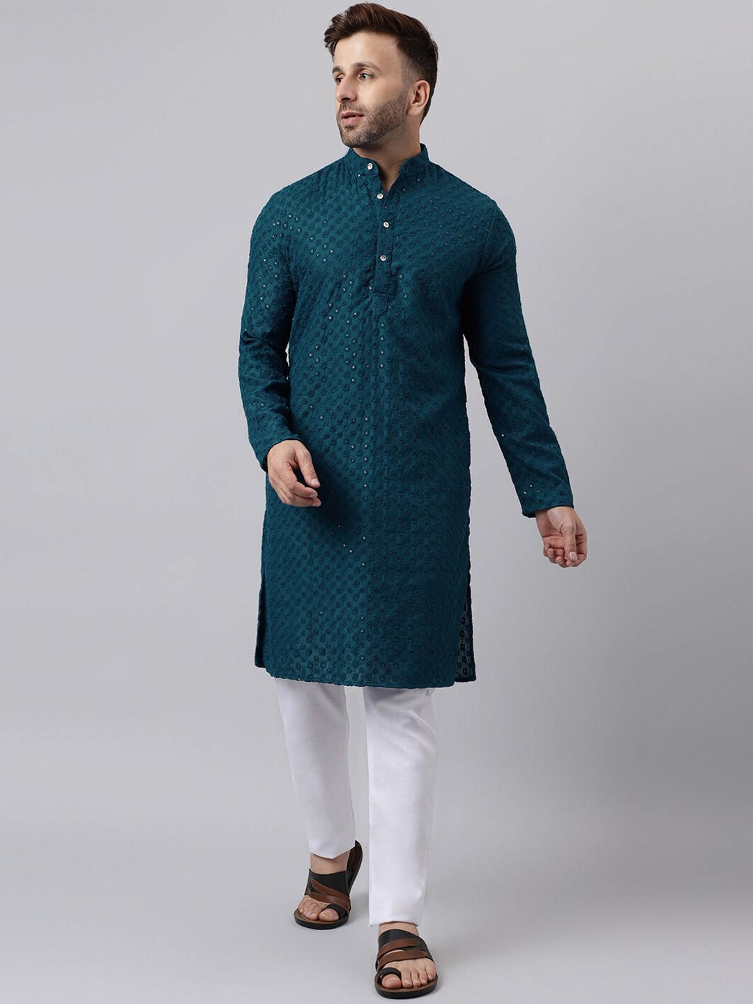 

Hangup Ethnic Motifs Embroidered Band Collar Mirror Work Kurta With Pyjamas, Green