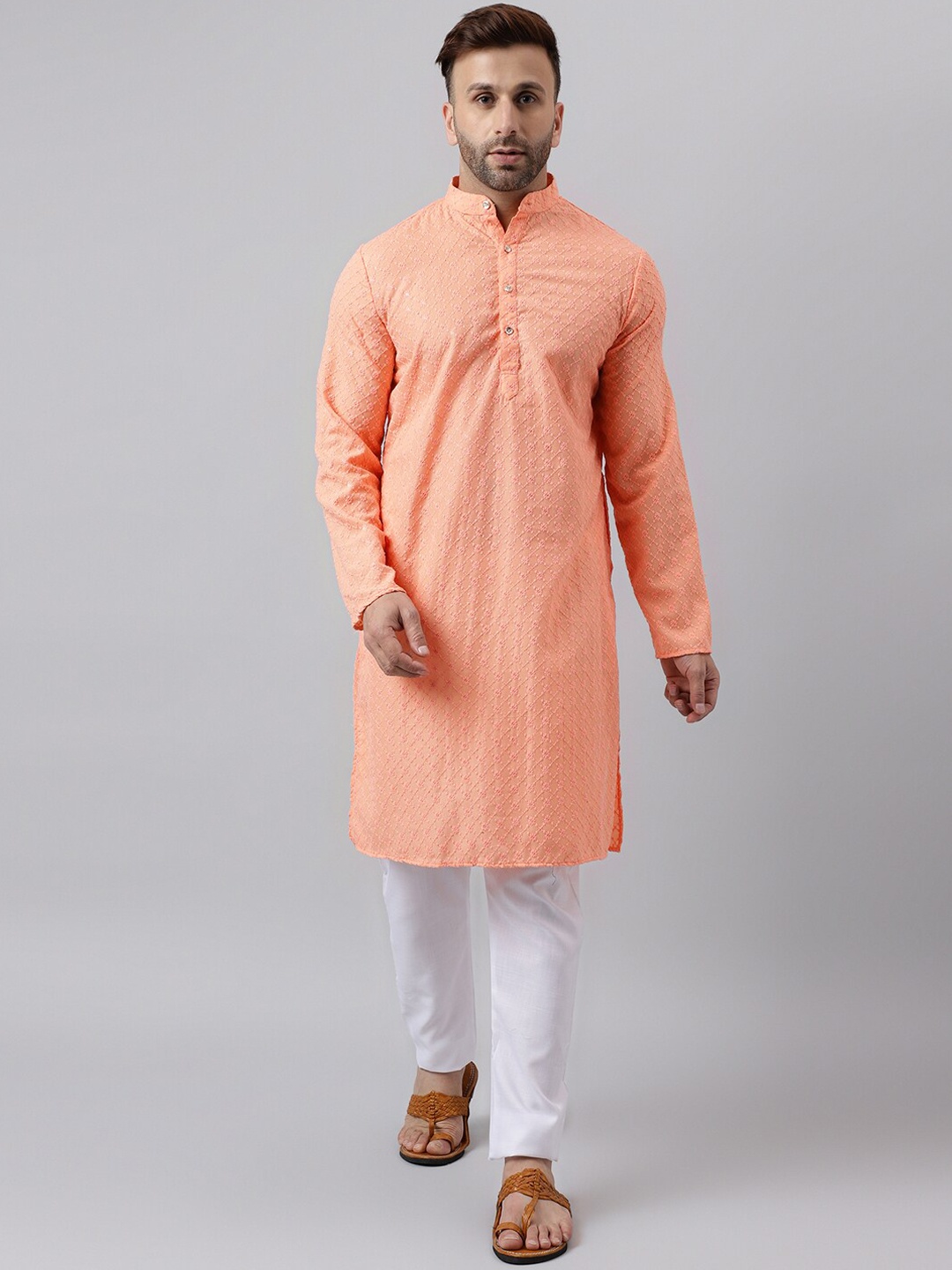 

Hangup Ethnic Motifs Embroidered Band Collar Sequined Kurta With Pyjamas, Peach