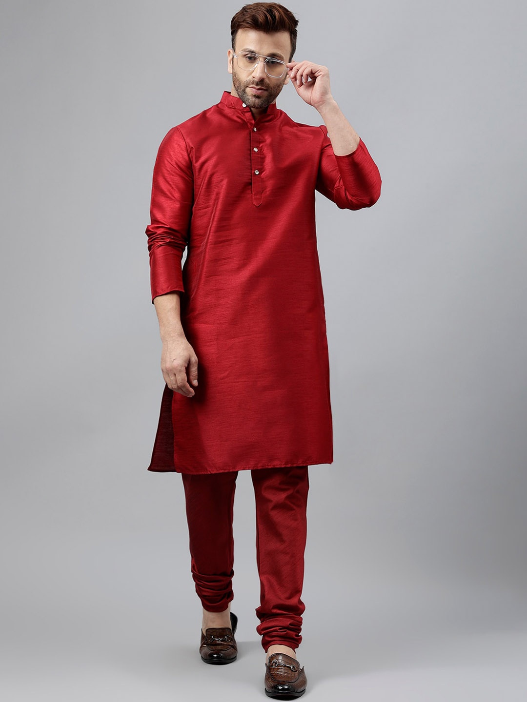 

Hangup Band Collar Kurta With Churidar, Maroon