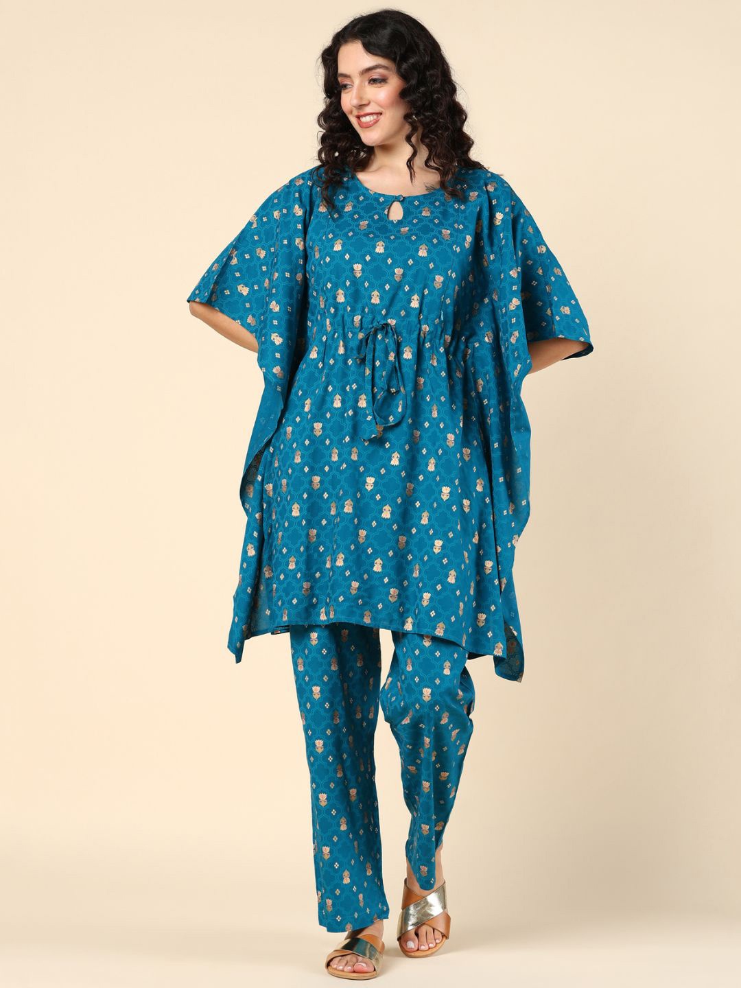 

House Of Zelena Floral Printed Maternity Kaftan Kurta with Pyjamas, Blue