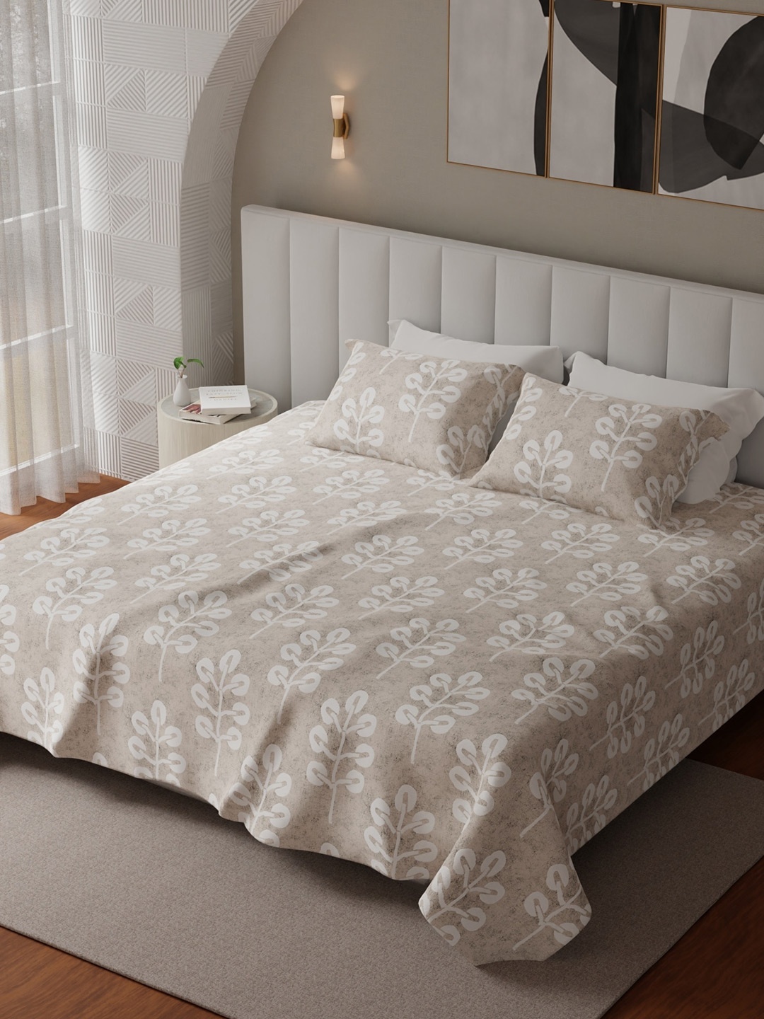 

HOUMN Brown & White Floral Cotton 300 TC King Bedsheet With 2 Pillow Covers