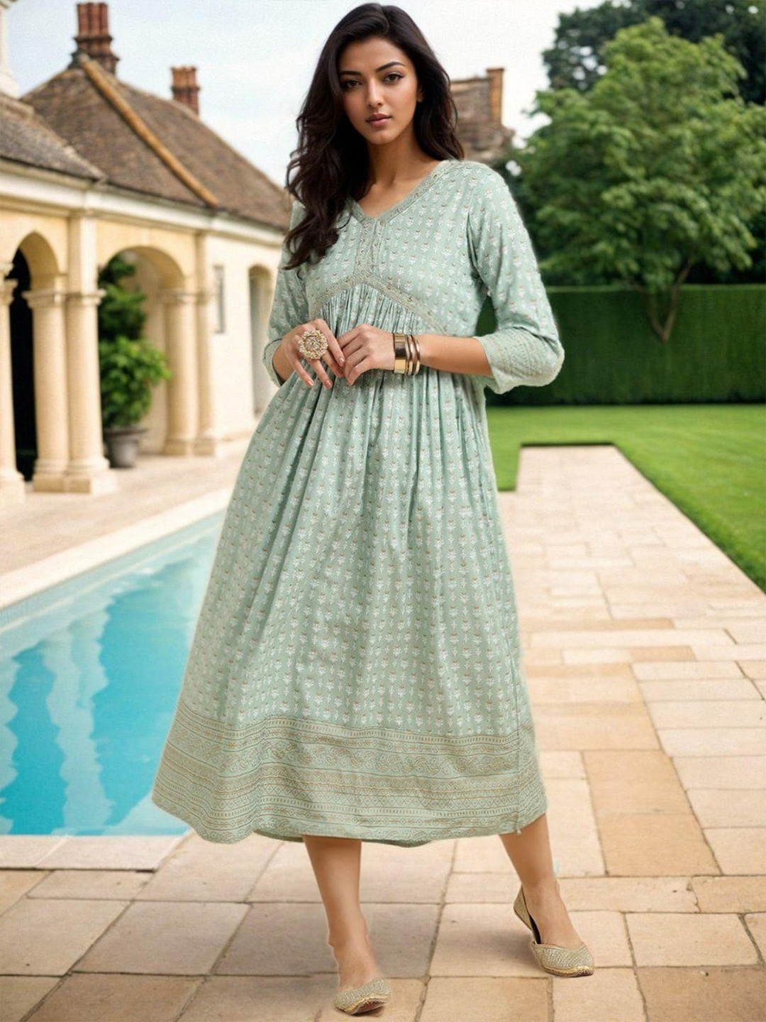 

Rangita Ethnic Motifs Printed Gathered Empire Midi Ethnic Dress, Sea green