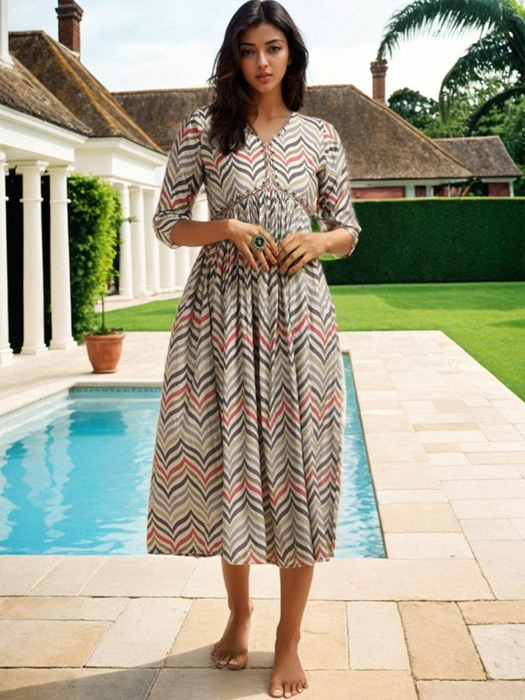 

Rangita Chevron Printed Gathered Empire Midi Ethnic Dress, Off white