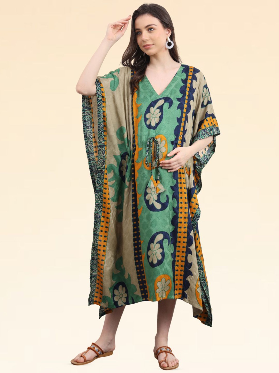 

House Of Zelena Ethnic Motifs Print Maternity Kaftan Midi Dress, Green