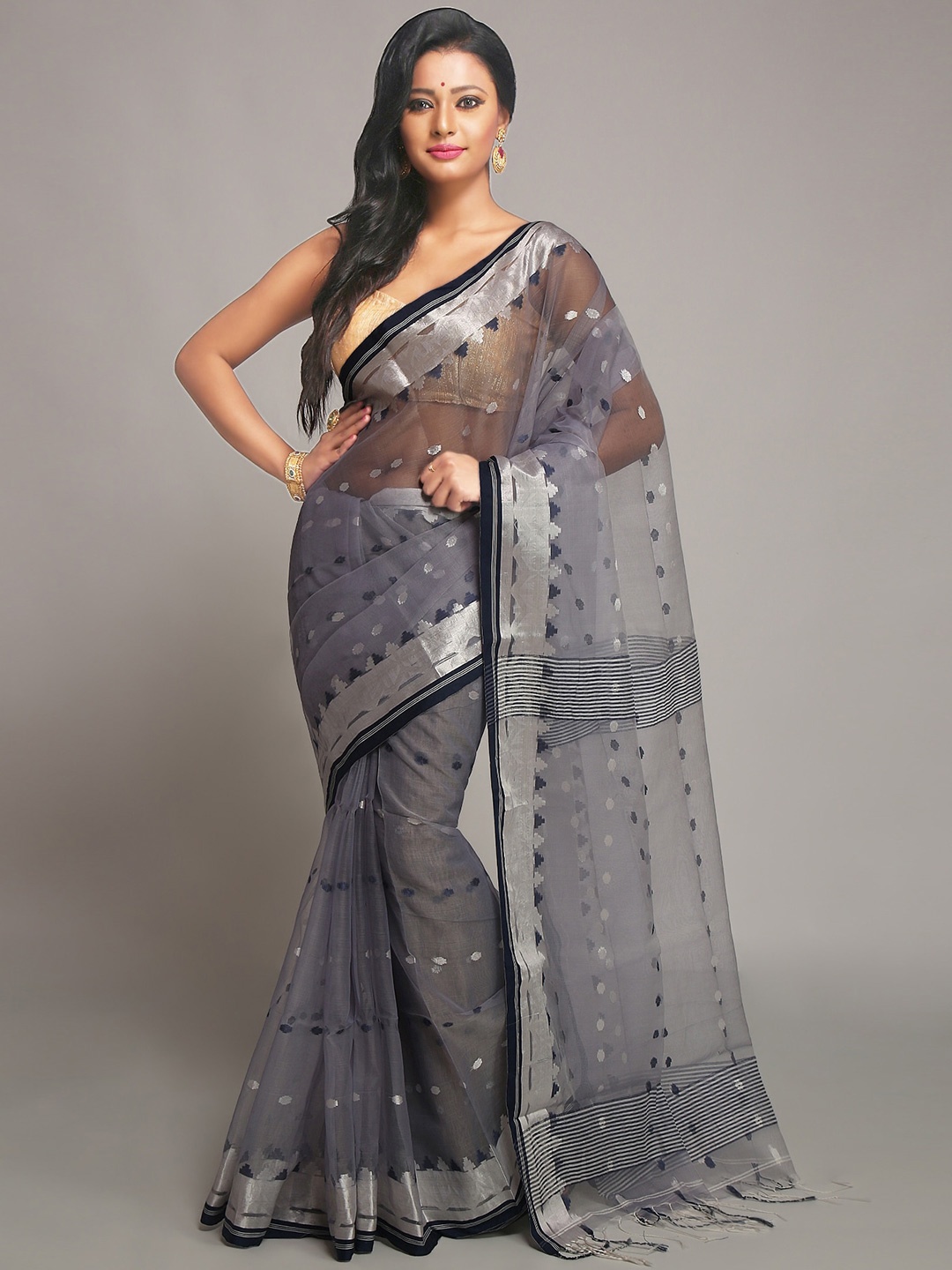 

WoodenTant Ethnic Motifs Woven Design Zari Jamdani Saree, Grey