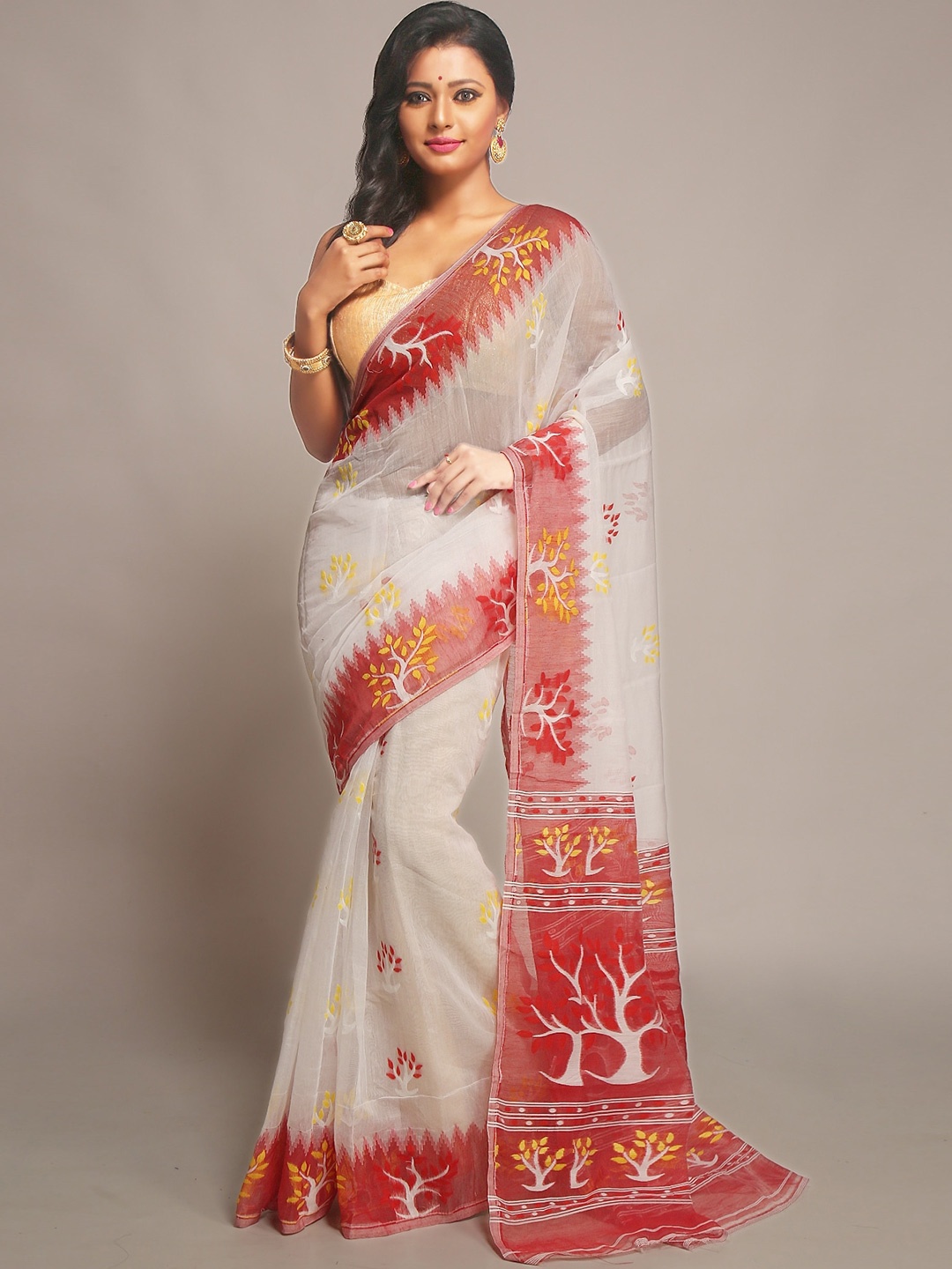 

WoodenTant Ethnic Motifs Woven Design Silk Cotton Jamdani Saree, White