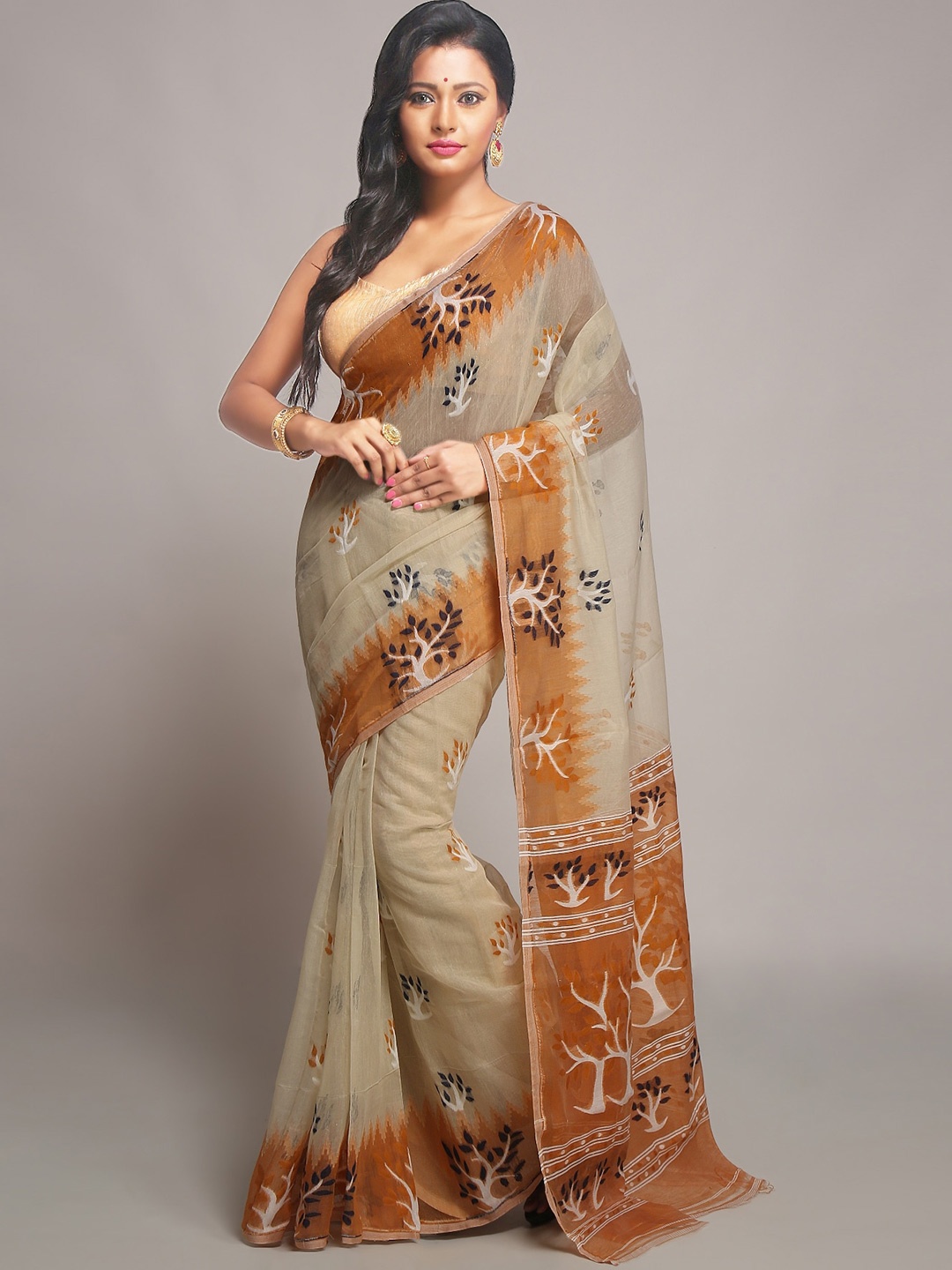 

WoodenTant Ethnic Motifs Woven Design Silk Cotton Jamdani Saree, Beige