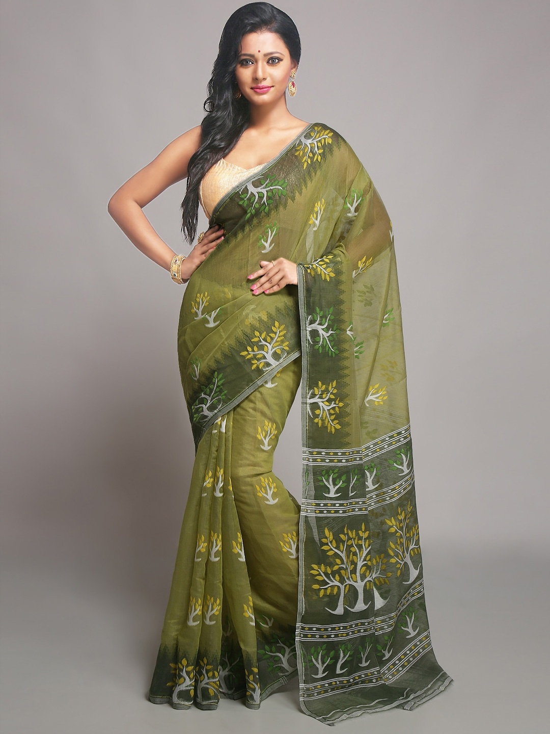 

WoodenTant Ethnic Motifs Printed Woven Design Silk Cotton Jamdani Saree, Green