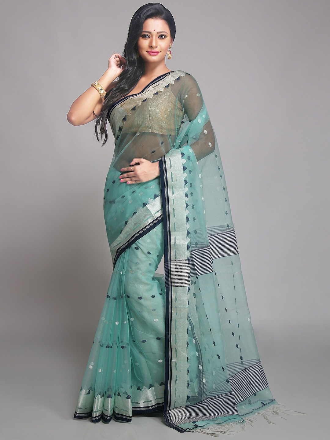 

WoodenTant Ethnic Motifs Woven Design Zari Silk Blend Jamdani Saree, Sea green