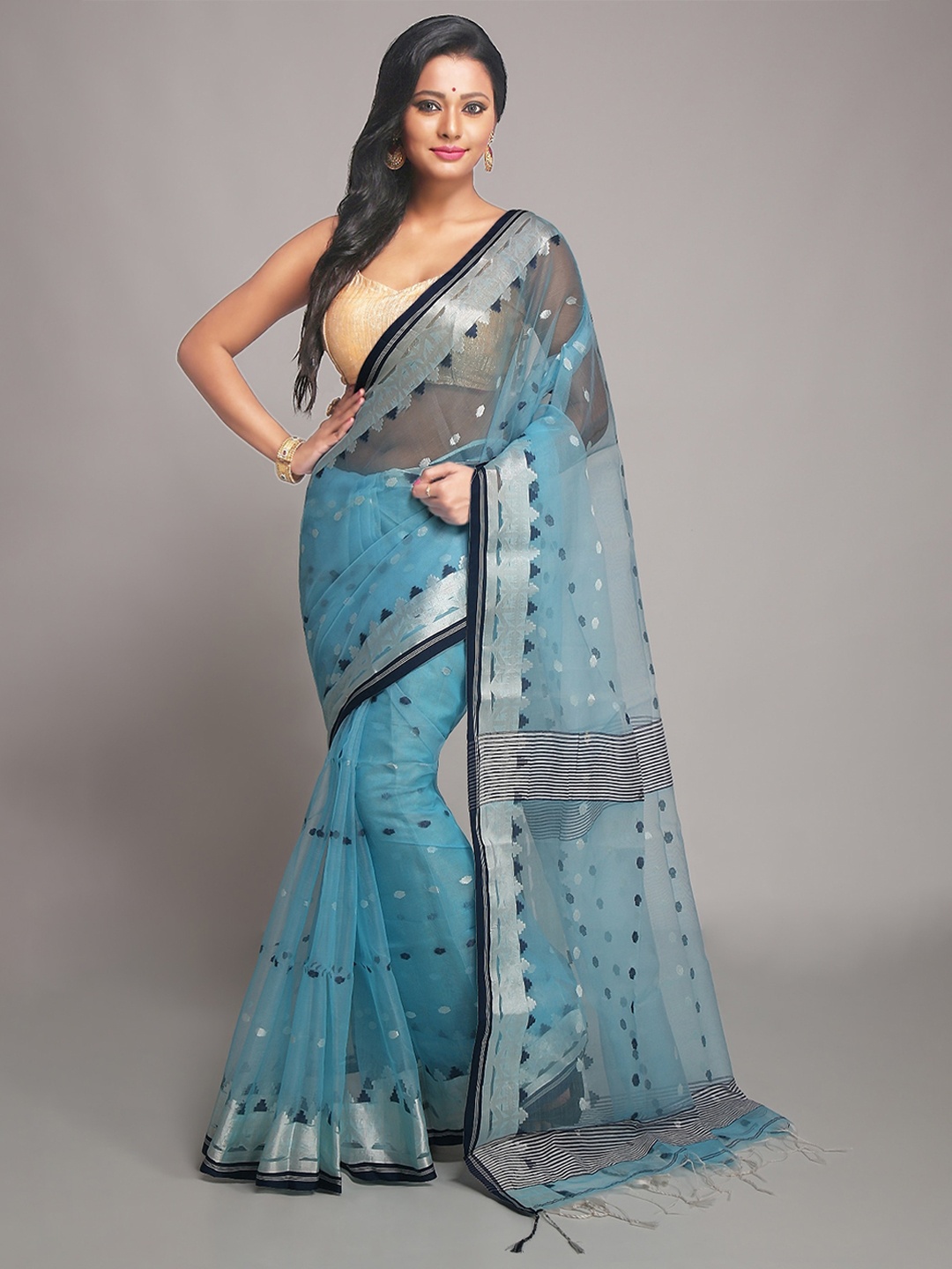 

WoodenTant Ethnic Motifs Woven Design Zari Jamdani Saree, Turquoise blue