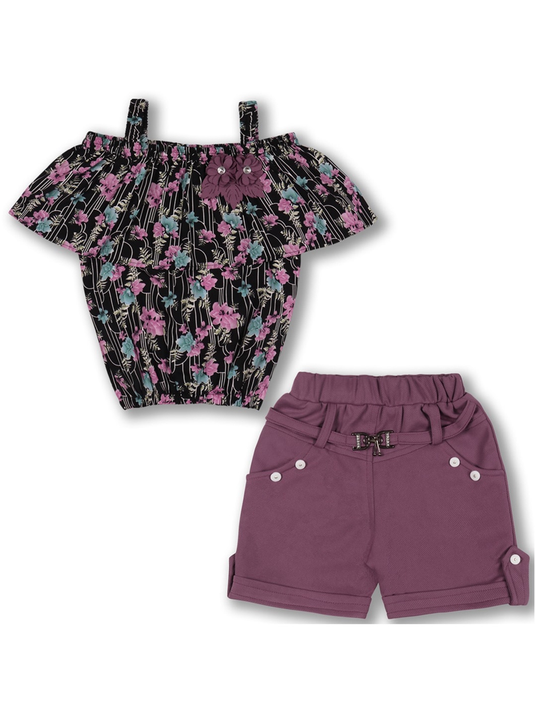 

Wish Karo Girls Floral Printed Shoulder Straps Top With Shorts, Purple