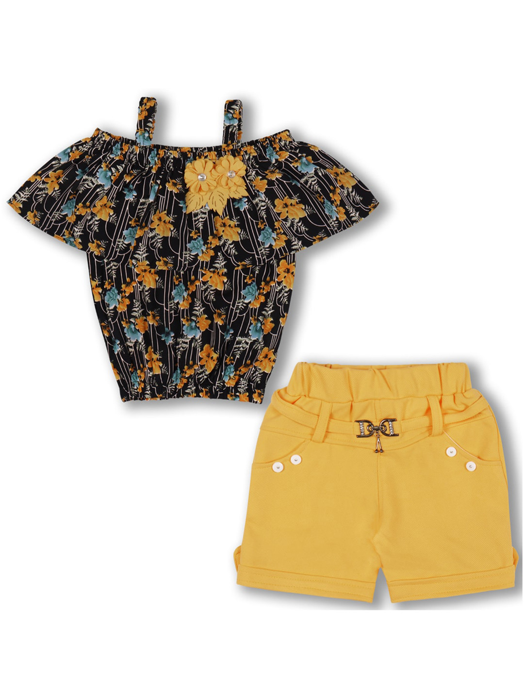 

Wish Karo Girls Floral Printed Shoulder Straps Top With Shorts, Yellow