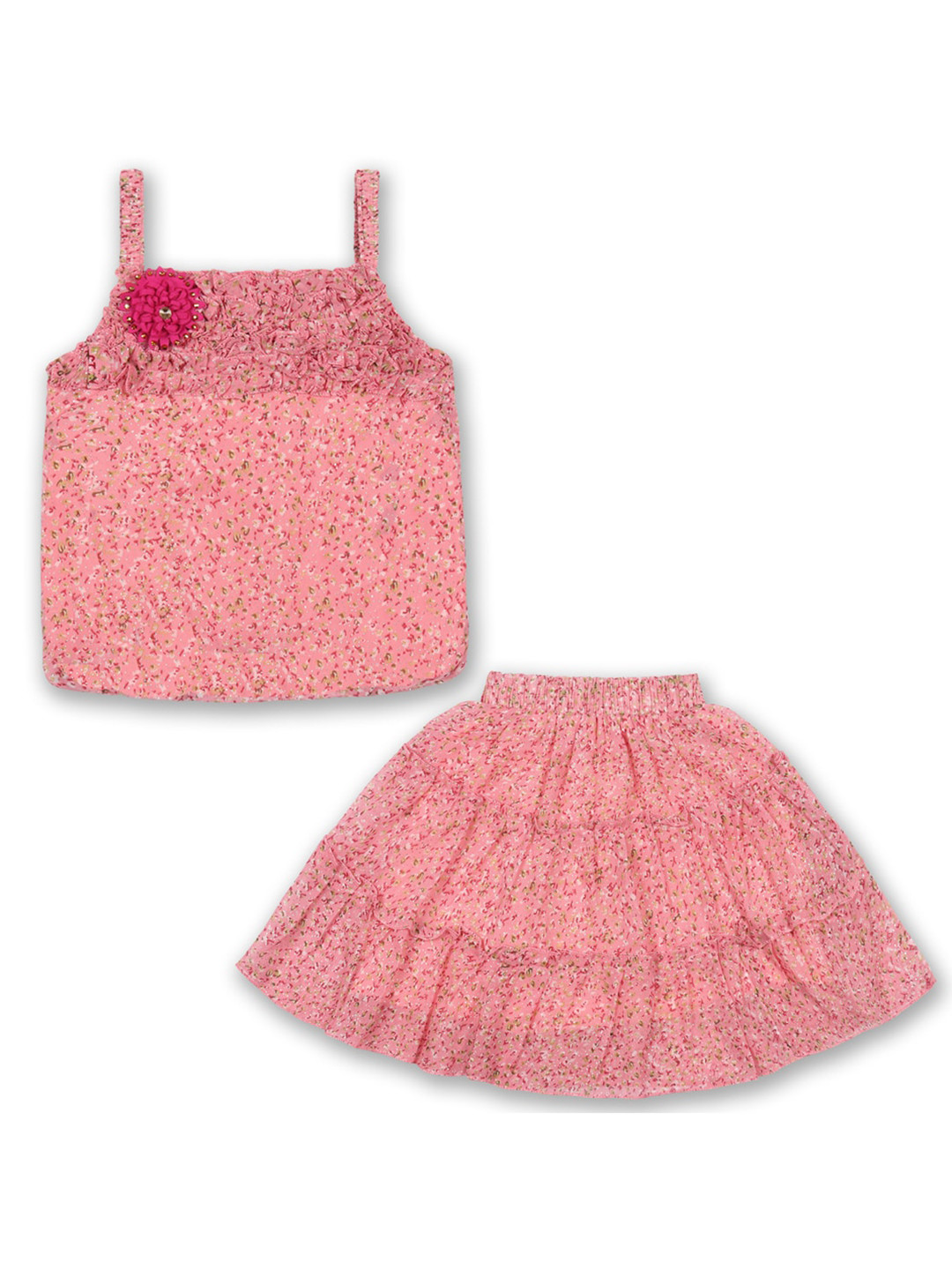 

Wish Karo Girls Printed Top with Skirt, Peach