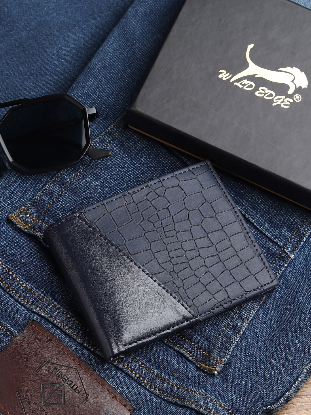 

WILD EDGE Men Geometric Textured Two Fold Wallet, Navy blue