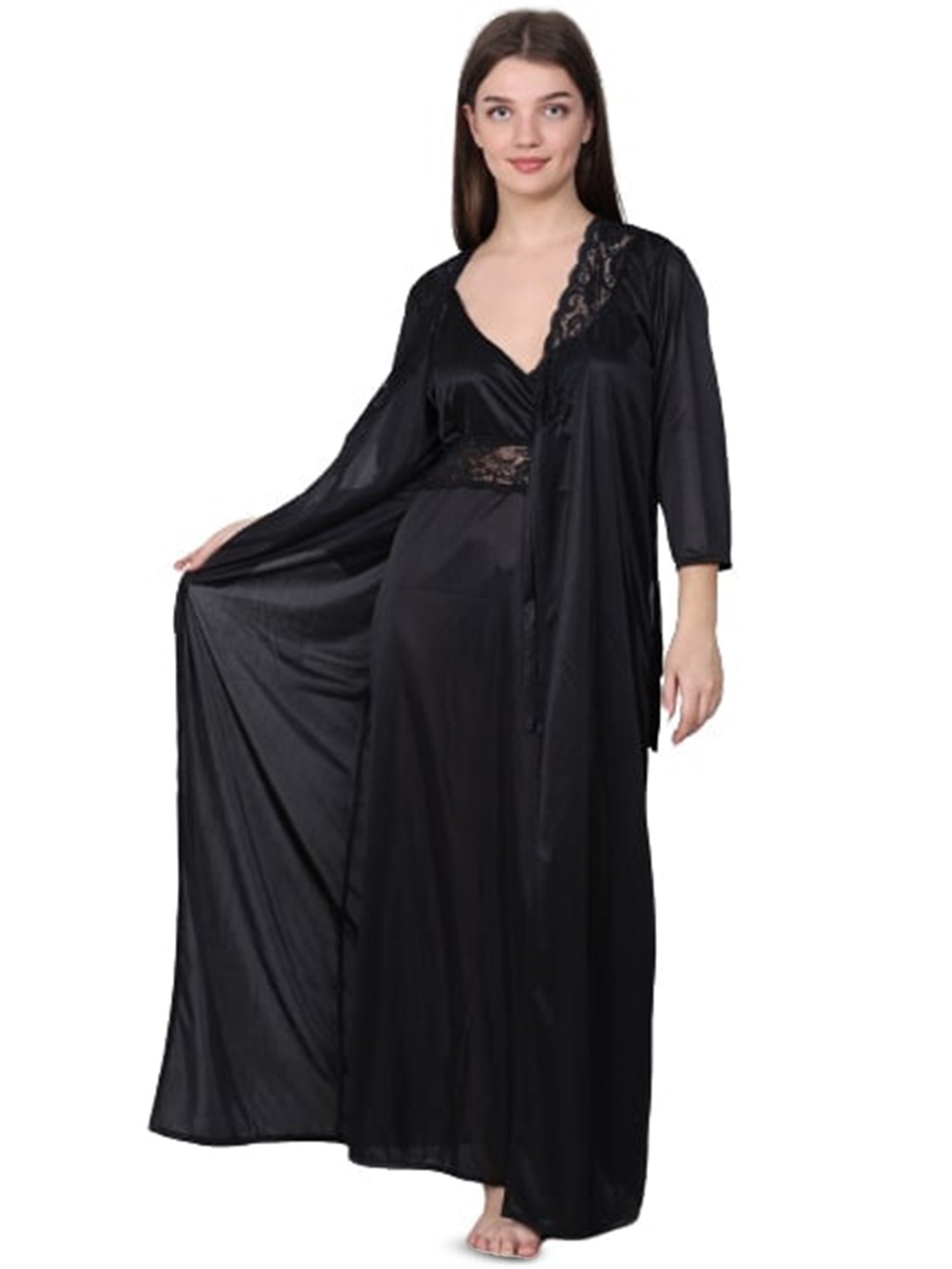 

XPIOX Satin Maxi Nightdress With Robe, Black