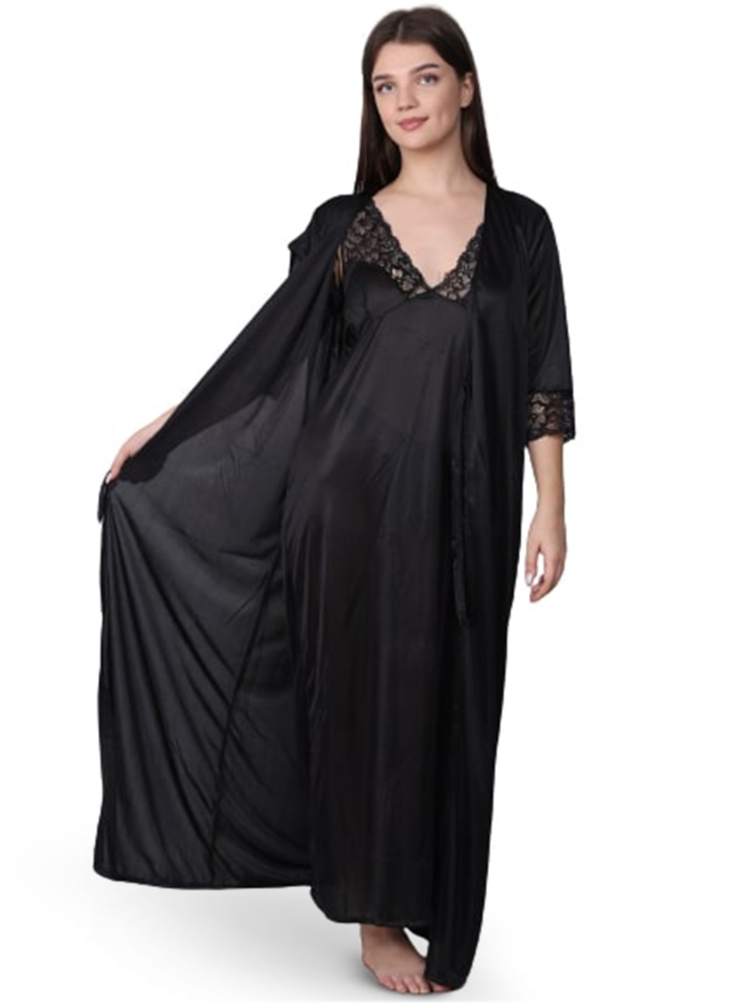 

XPIOX Satin Maxi Nightdress With Robe, Black