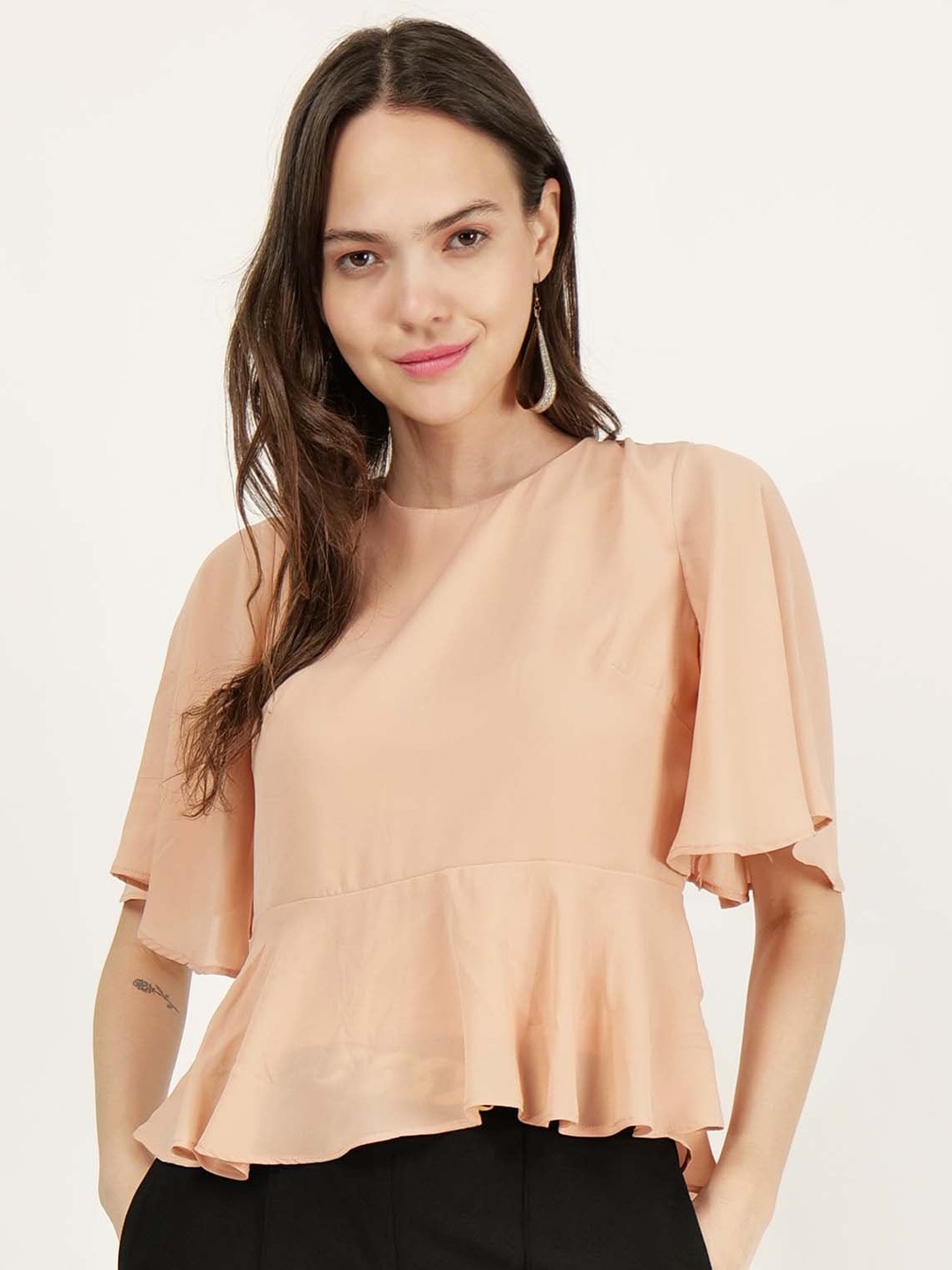 

DRIRO Pink Flared Sleeves Peplum Top, Peach