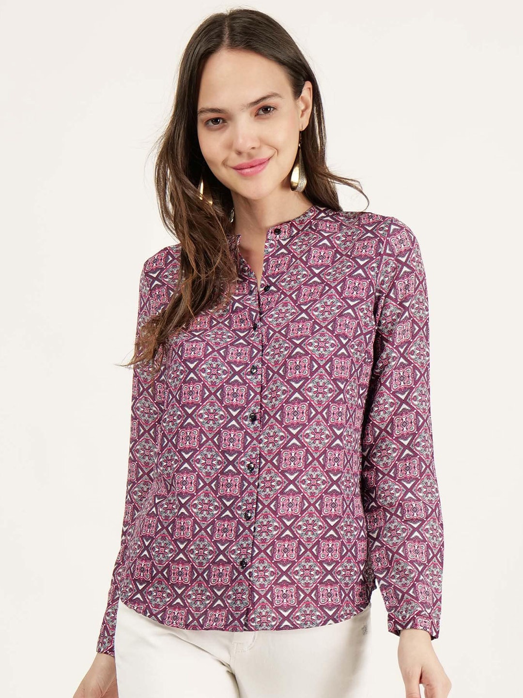 

DRIRO Ethnic Motifs Printed Band Collar Casual Shirt, Pink