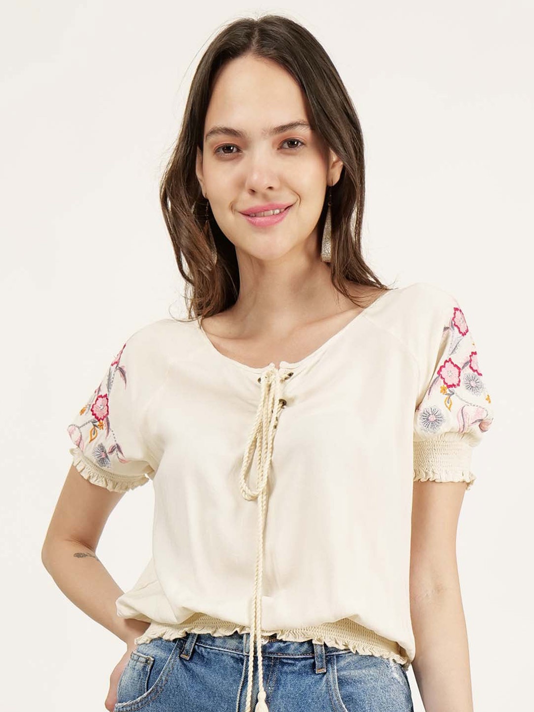 

DRIRO Tie-Up Neck Embroidered Blouson Top, Cream