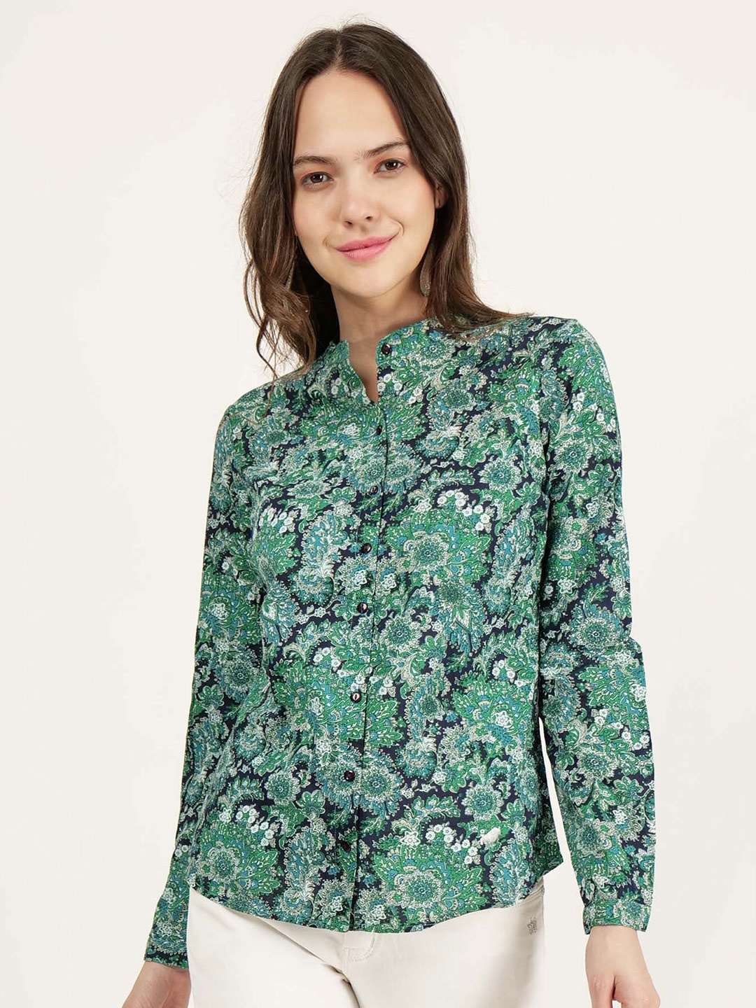 

DRIRO Green Floral Printed Band Collar Pure Cotton Casual Shirt