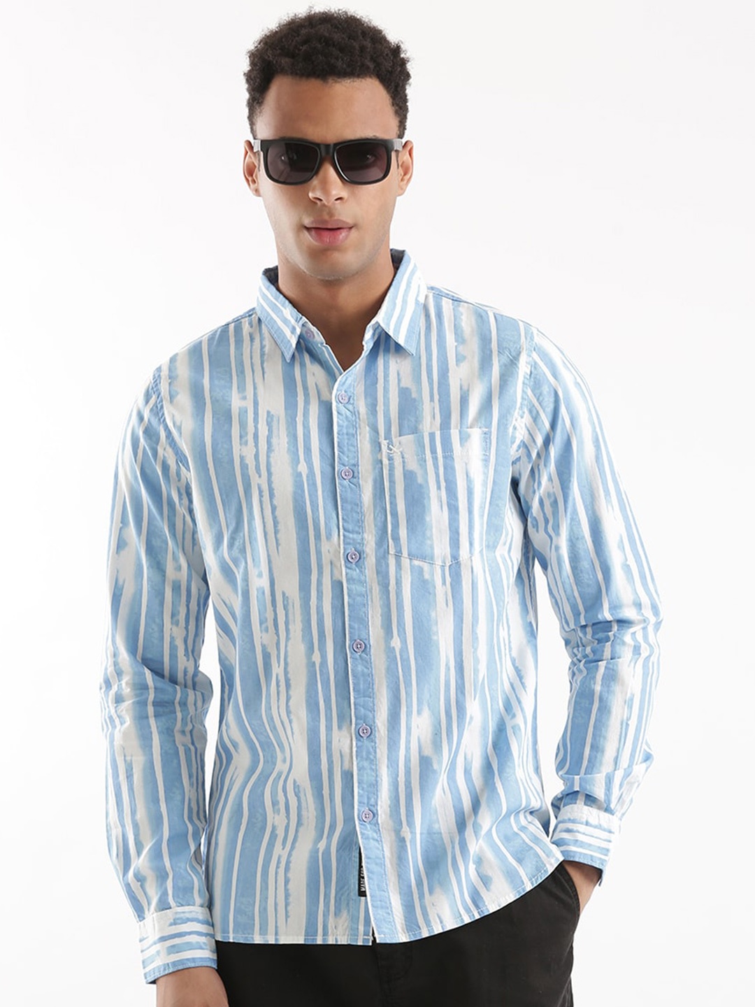 

WROGN Slim Fit Striped Linen Casual Shirt, Blue