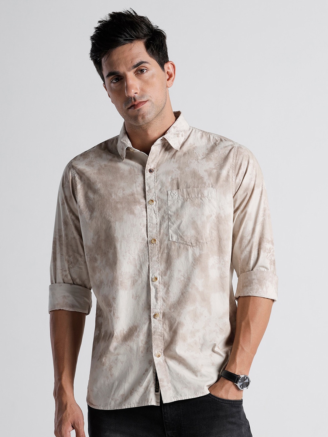 

WROGN Slim Fit Abstract Printed Linen Casual Shirt, Beige