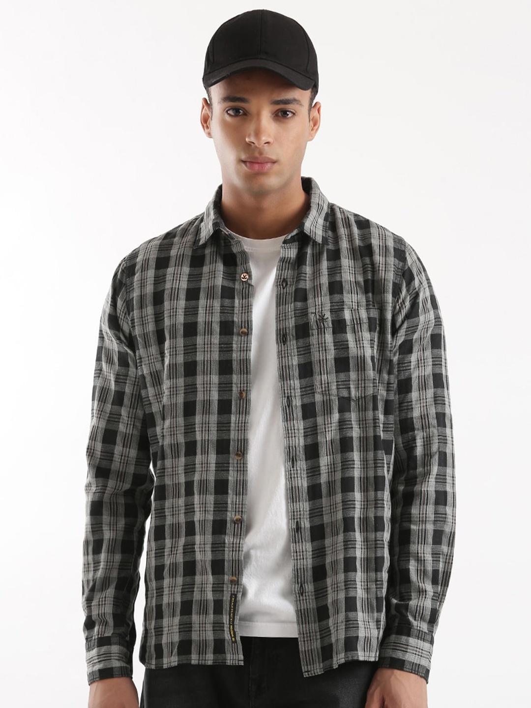 

WROGN Slim Fit Tartan Checked Linen Casual Shirt, Black