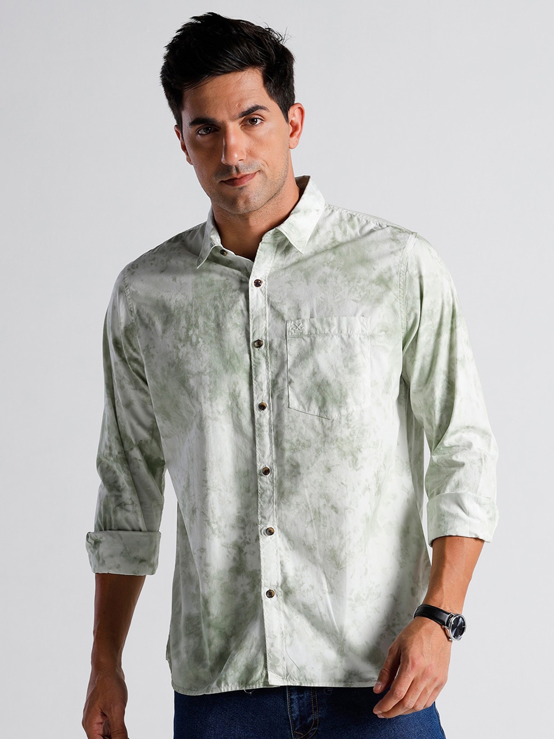 

WROGN Slim Fit Abstract Printed Linen Casual Shirt, Green