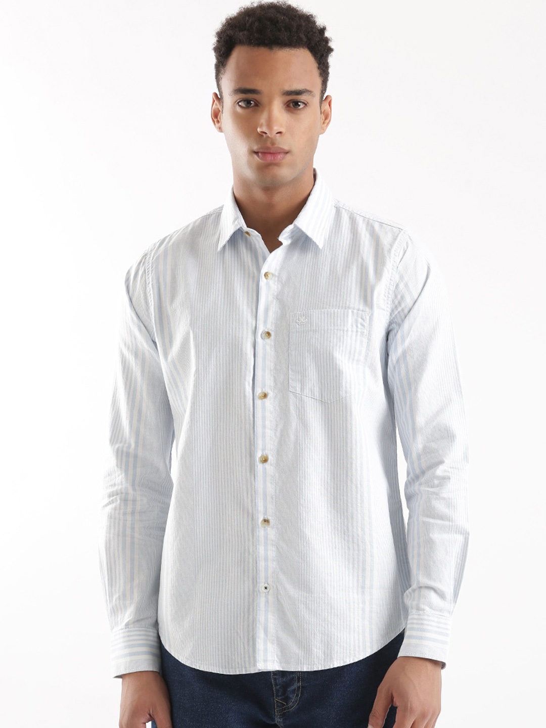 

WROGN Slim Fit Vertical Striped Linen Casual Shirt, Blue