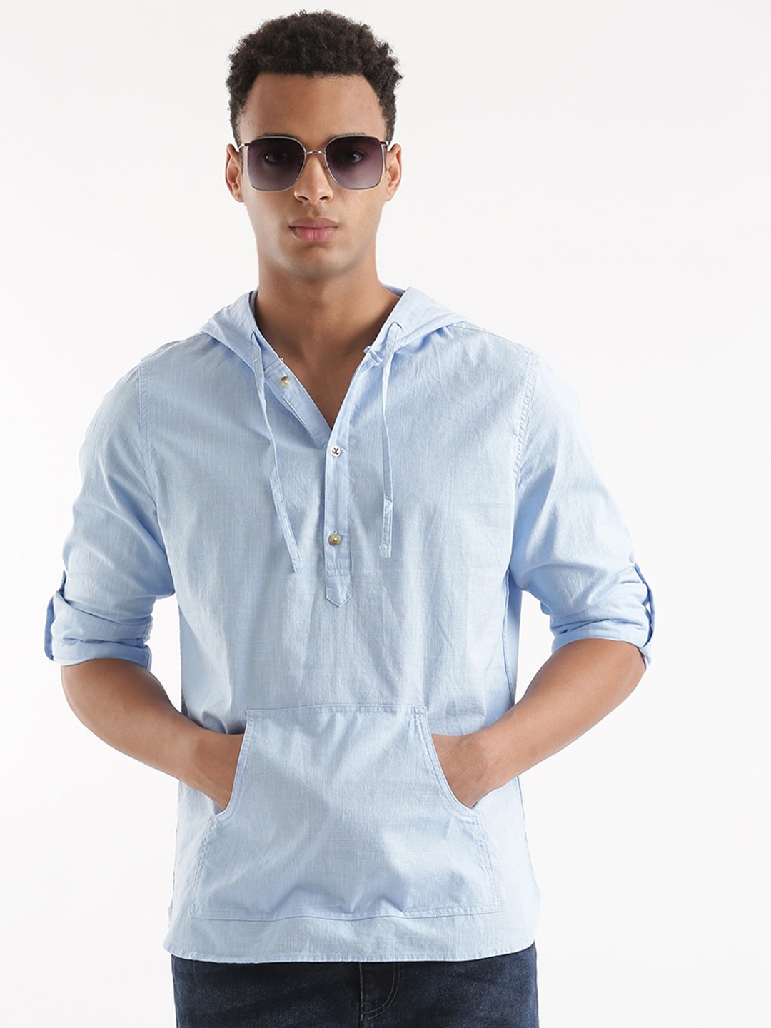 

WROGN Slim Fit Hooded Linen Casual Shirt, Blue