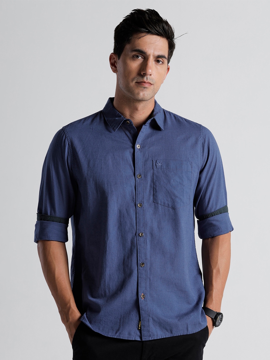 

WROGN Slim Fit Linen Casual Shirt, Blue