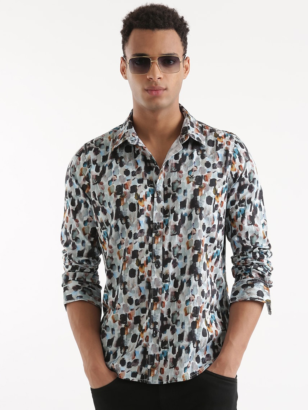 

WROGN Slim Fit Abstract Printed Linen Casual Shirt, White