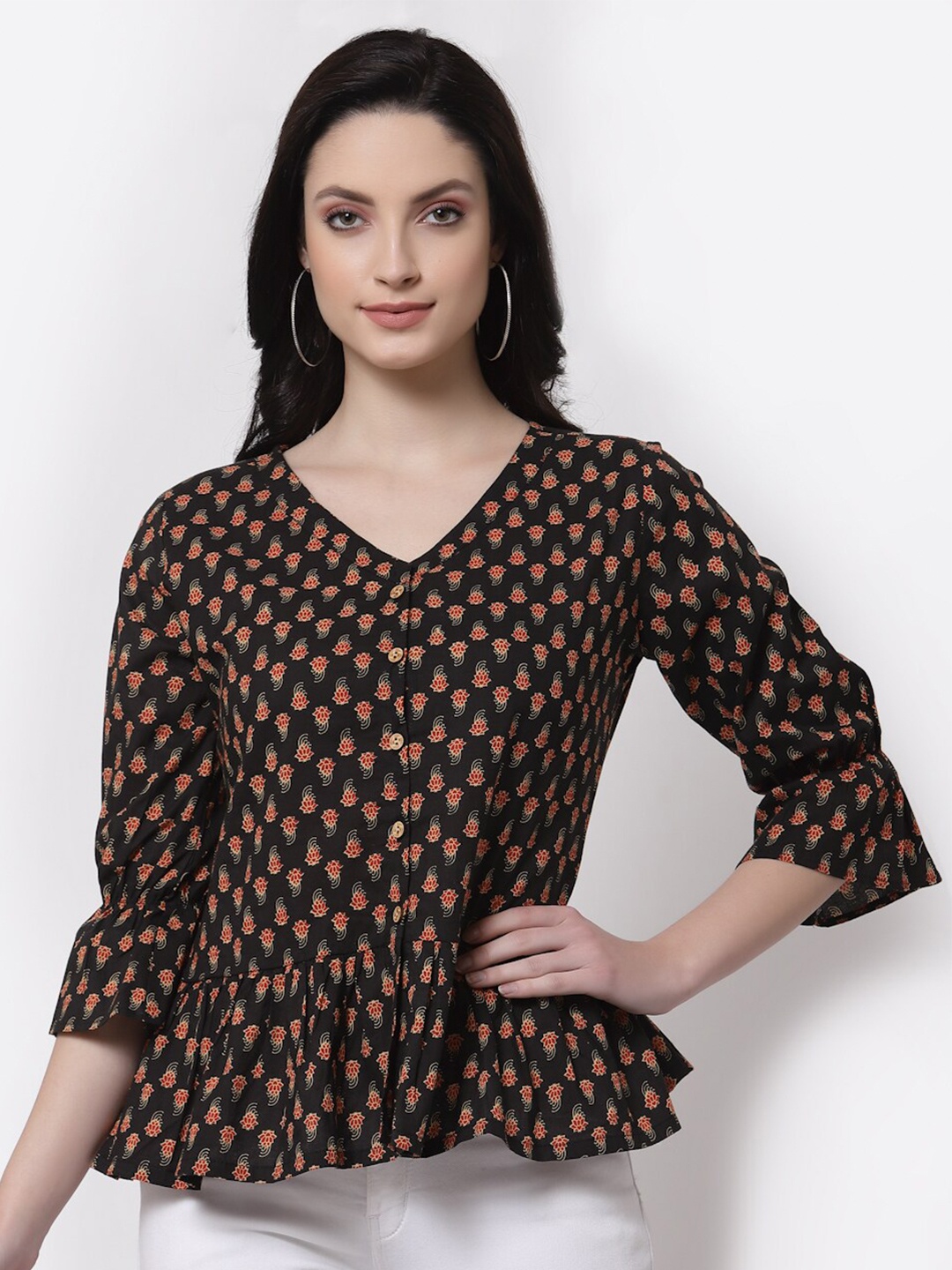 

LARGISH Floral Printed Cotton Peplum Top, Black