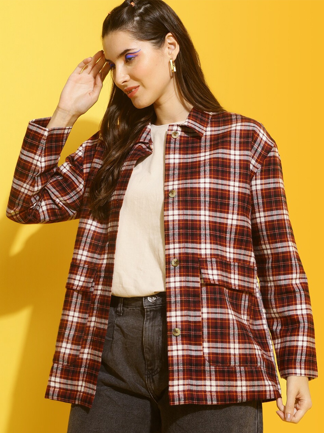 

Mast & Harbour Maroon Tartan Checked Spread Collar Cotton Casual Shacket