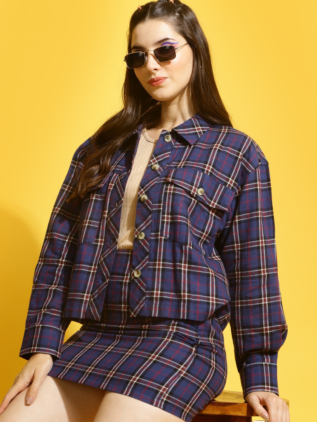 

Mast & Harbour Navy Blue Tartan Checks Spread Collar Long Sleeves Cotton Shacket