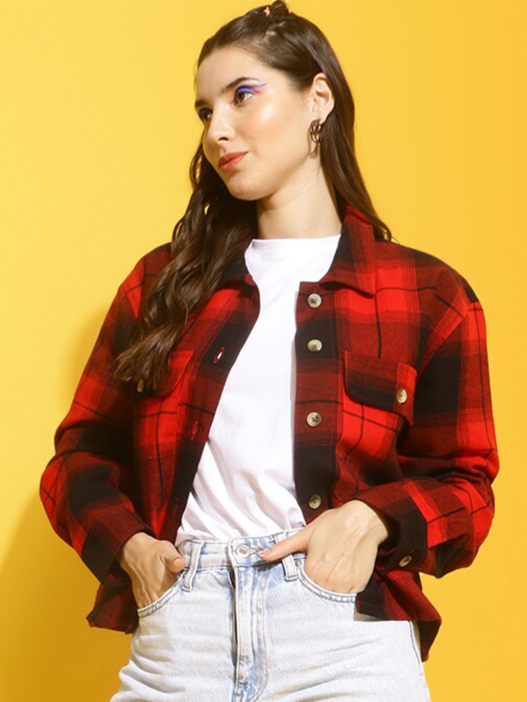 

Mast & Harbour Red Tartan Checked Spread Collar Cotton Casual Shacket