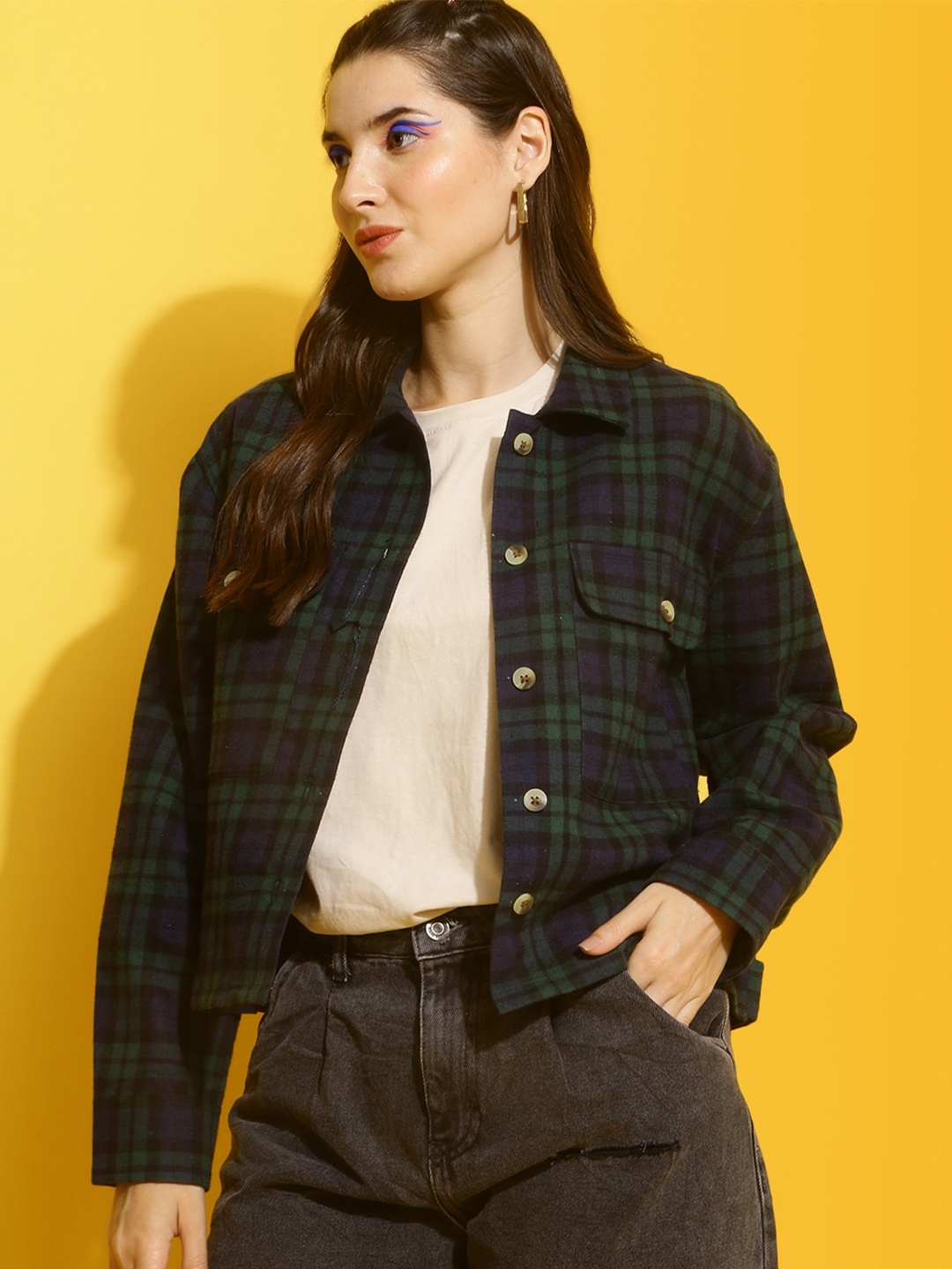 

Mast & Harbour Green Tartan Checks Spread Collar Long Sleeves Cotton Shacket