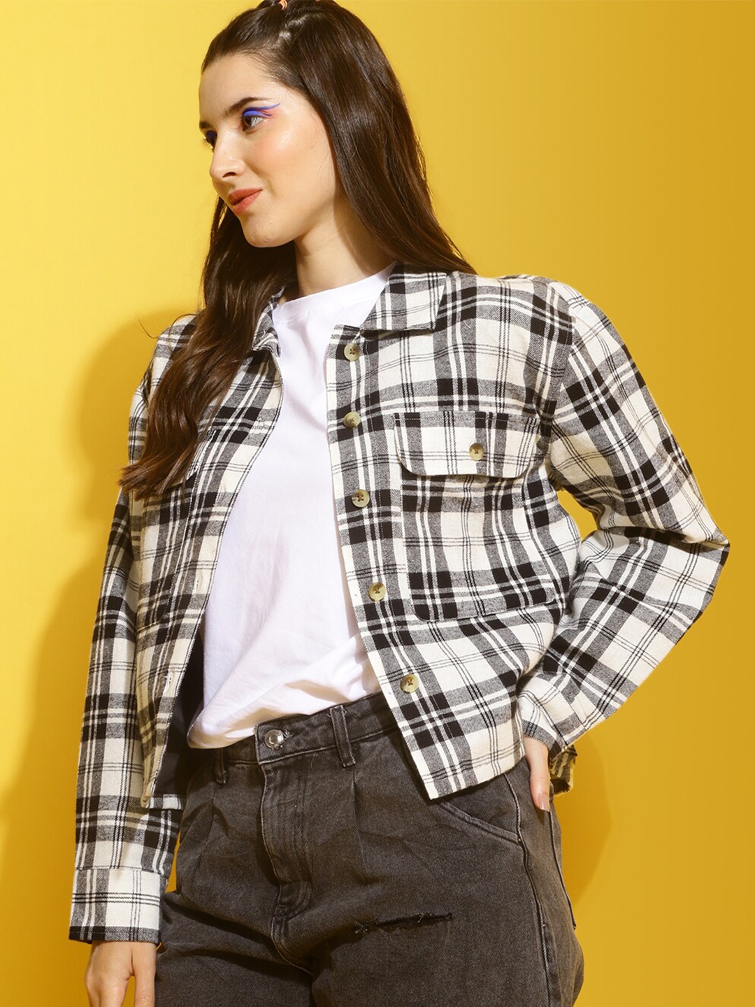 

Mast & Harbour White Tartan Checked Spread Collar Cotton Casual Shacket