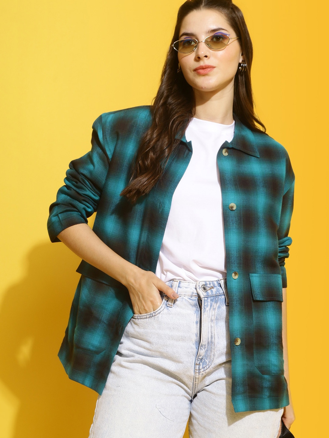 

Mast & Harbour Teal Checked Spread Collar Long Sleeves Cotton Shacket