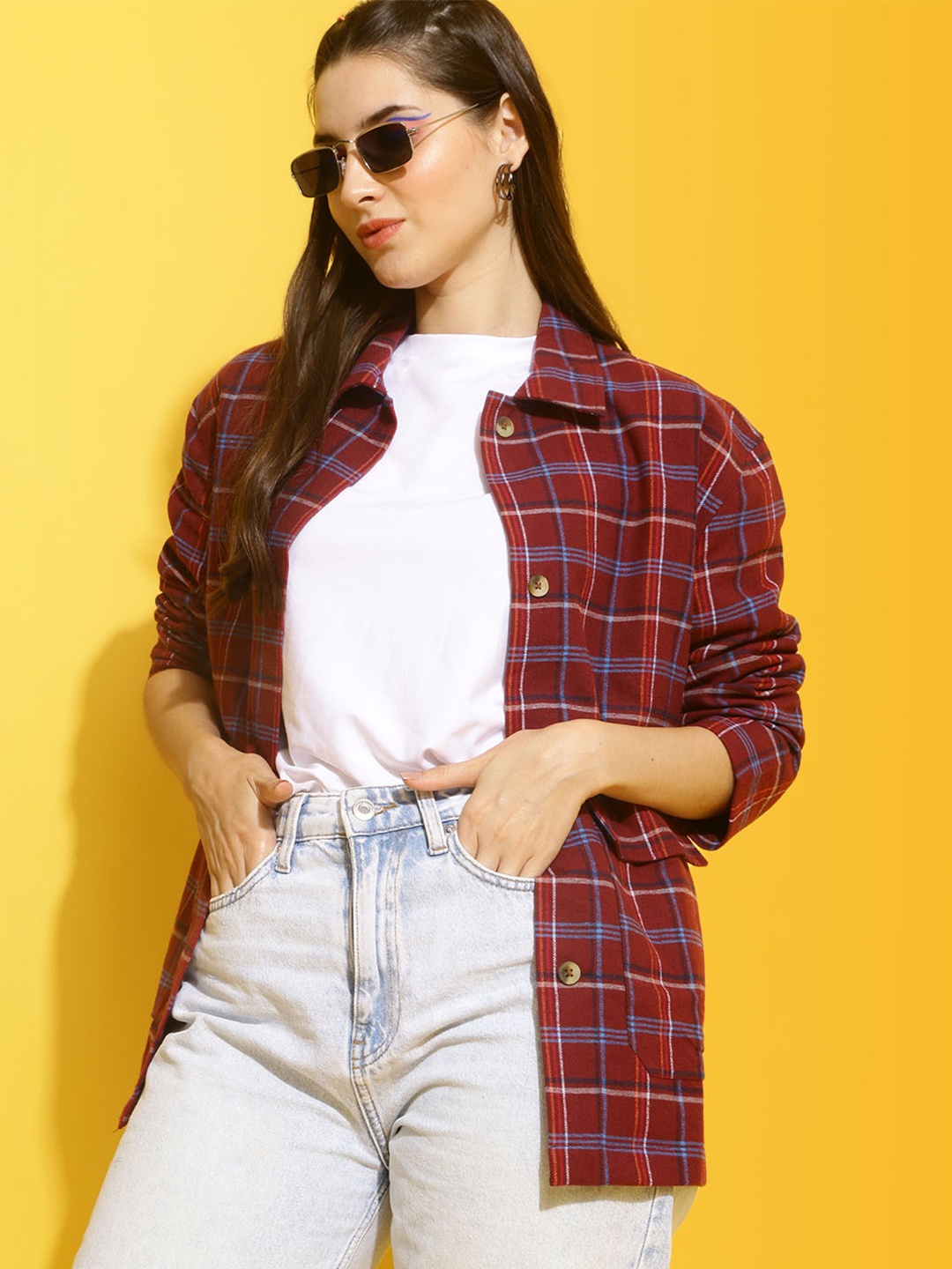 

Mast & Harbour Maroon Tartan Checked Spread Collar Cotton Casual Shacket