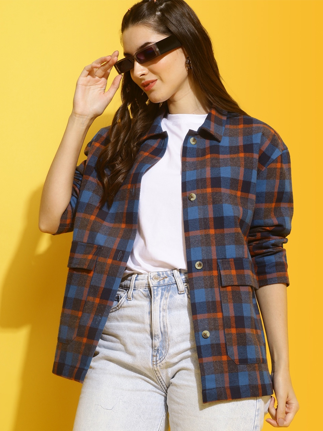 

Mast & Harbour Blue Tartan Checked Spread Collar Cotton Casual Shacket