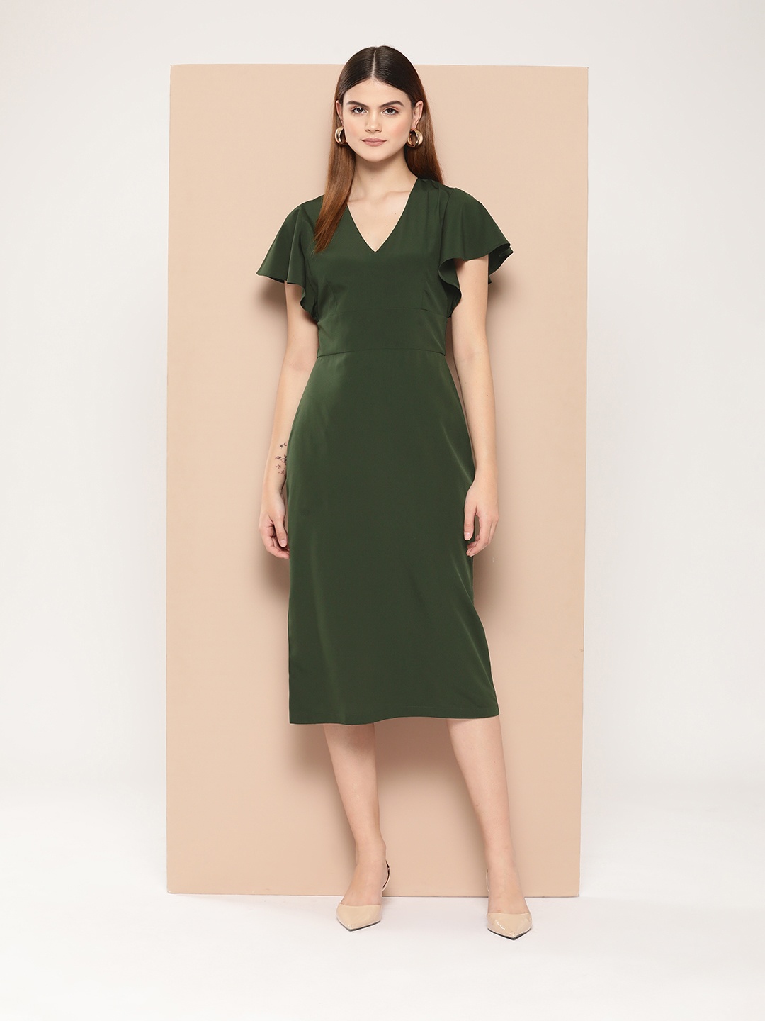 

her by invictus Flared Sleeve A-Line Midi Dress, Green