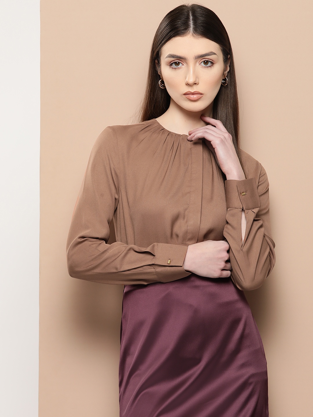 

her by invictus Collarless Casual Shirt, Brown