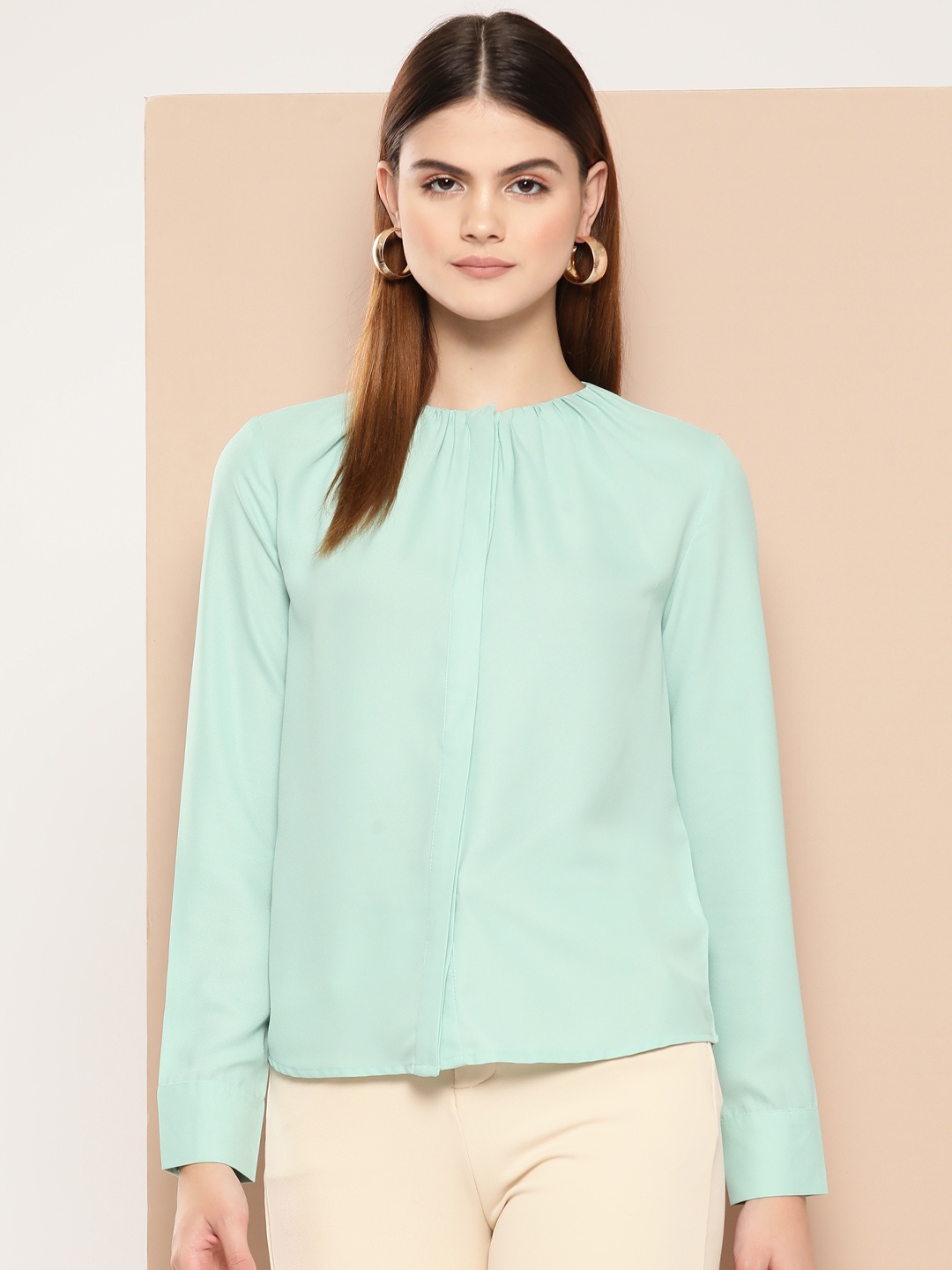 

her by invictus Women Gathers Detailed Cuffed Sleeves Casual Shirt, Green