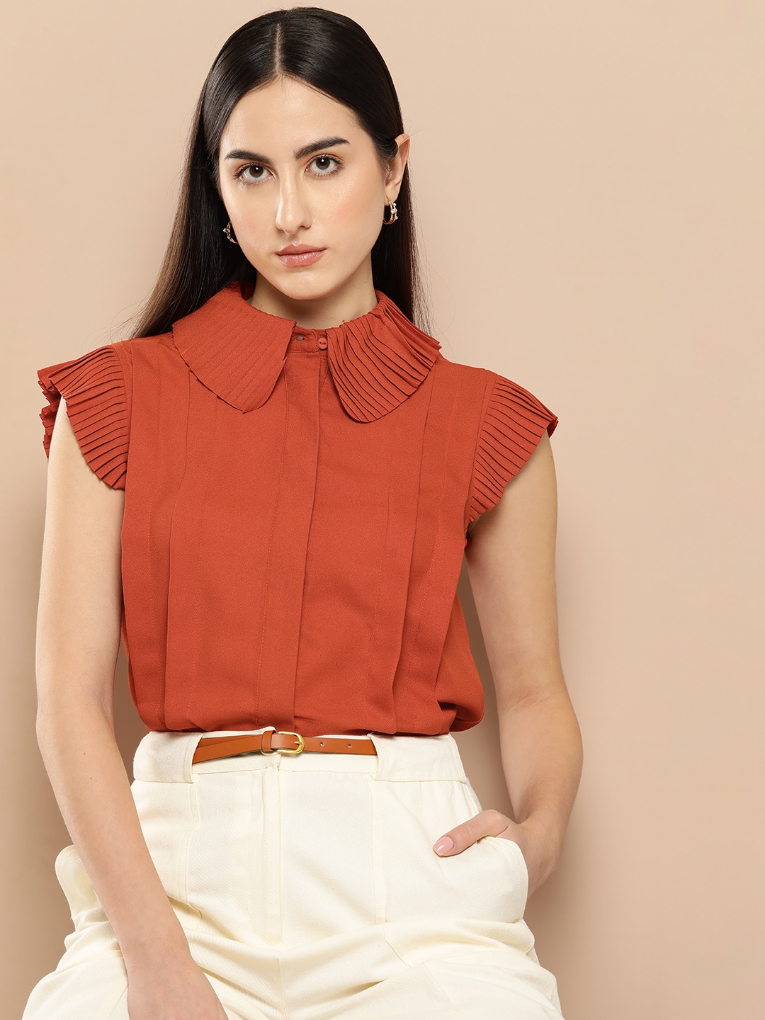 

her by invictus Pleats Detail Flutter Sleeves Casual Shirt, Rust