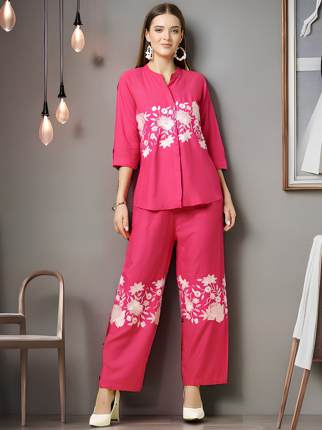 

KALINI Floral Embroidered Shirt With Trousers, Pink