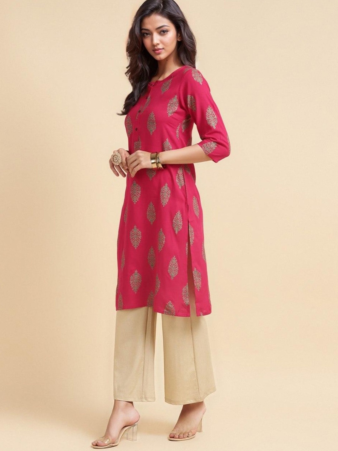 

Rangita Ethnic Motifs Printed Knee Length Straight Kurta, Pink