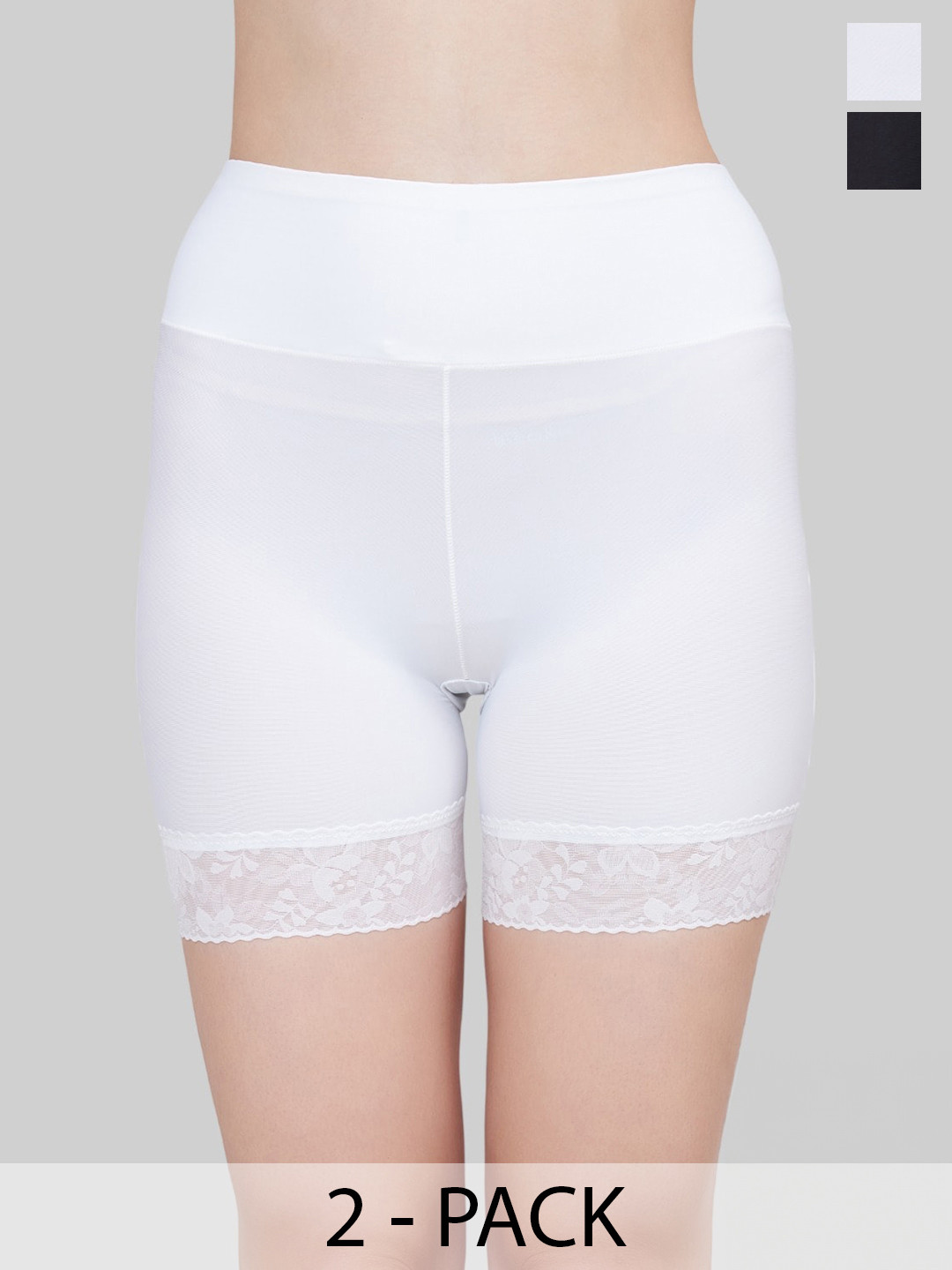 

PLUMBURY Women Pack of 2 Slim Fit High Rise Rapid Dry Cycling Shorts With Lace, White